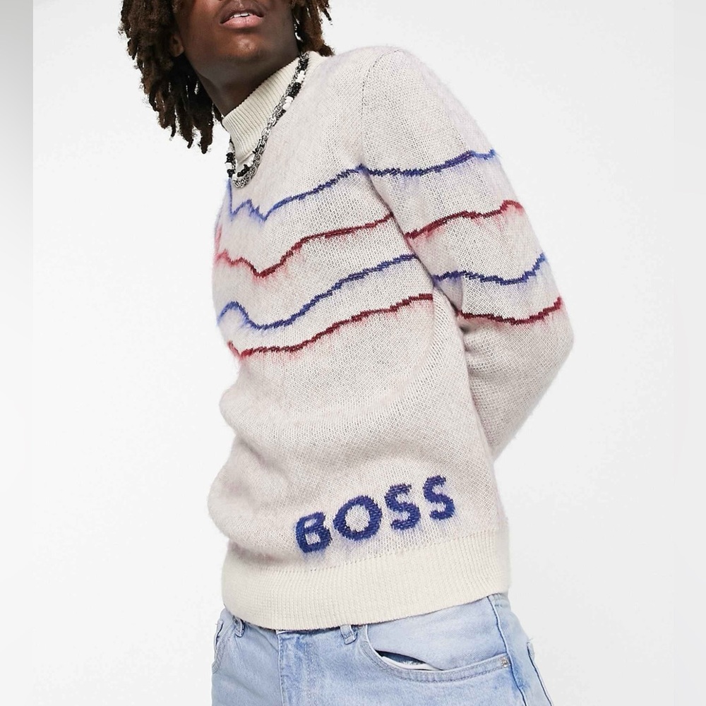 BOSS Intarsia Knit Mock Neck Linen Mohair Sweater Neutral Size L